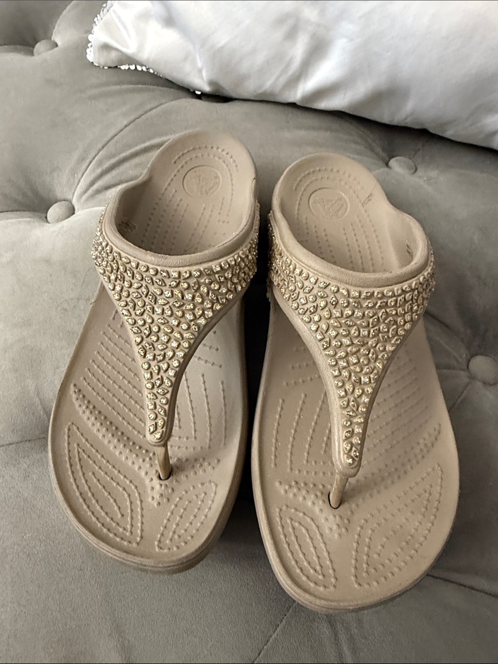 Women's Beige Embellished Croc Sandals